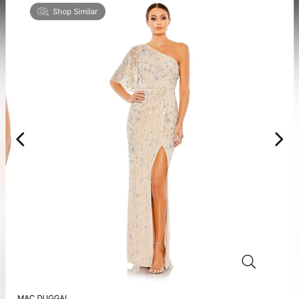 NWOT Mac Duggal draped embellished one shoulder gown